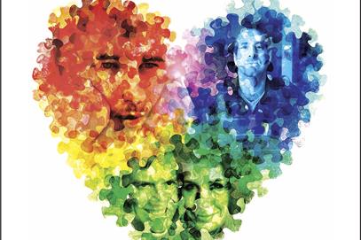 a multicolor heart with human faces superimposed upon it